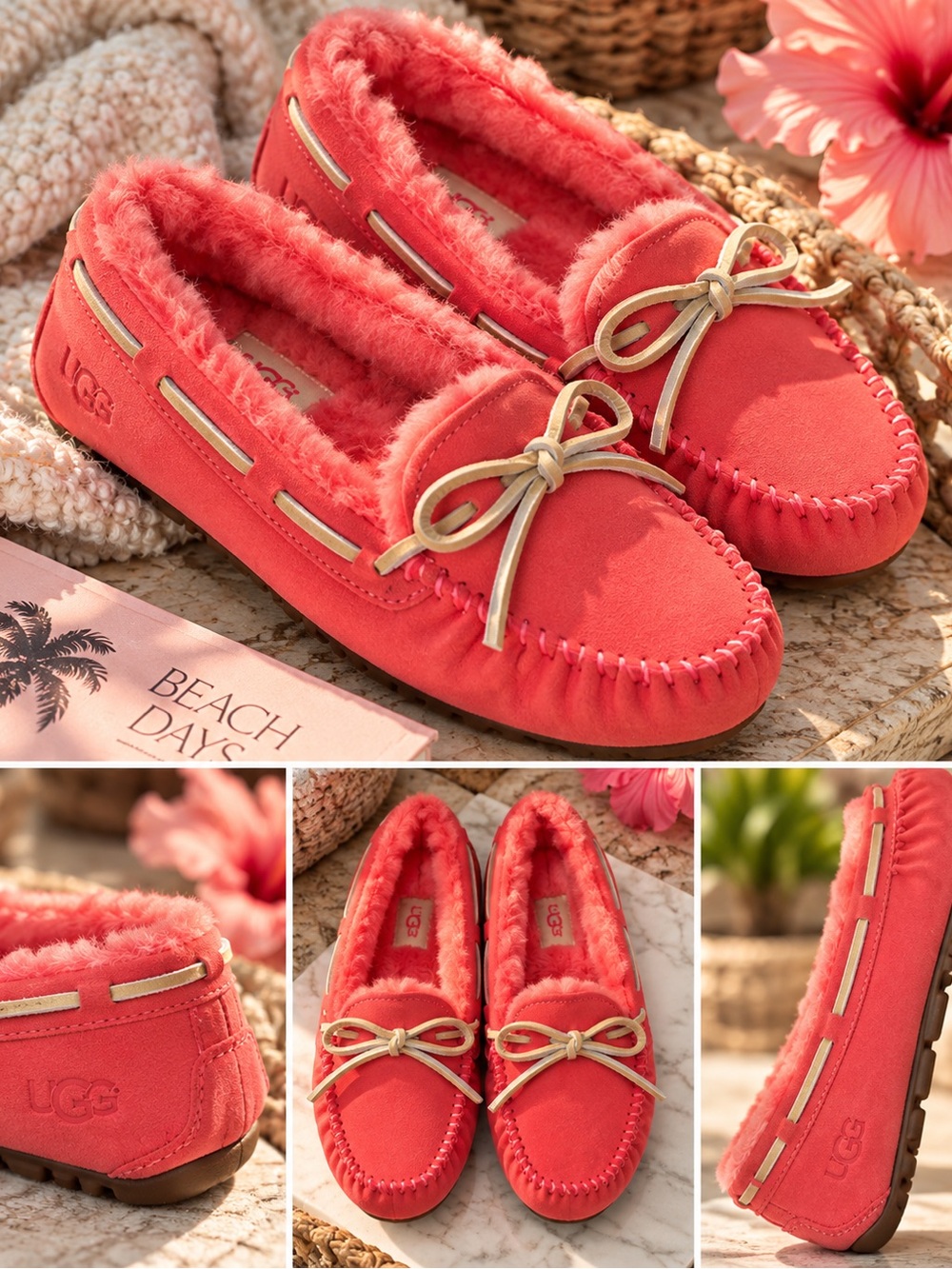 UGG Women’s Coral Suede Moccasin Slippers with Shearling Trim